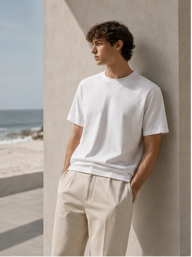 Model wearing a plain white everyday T-shirt